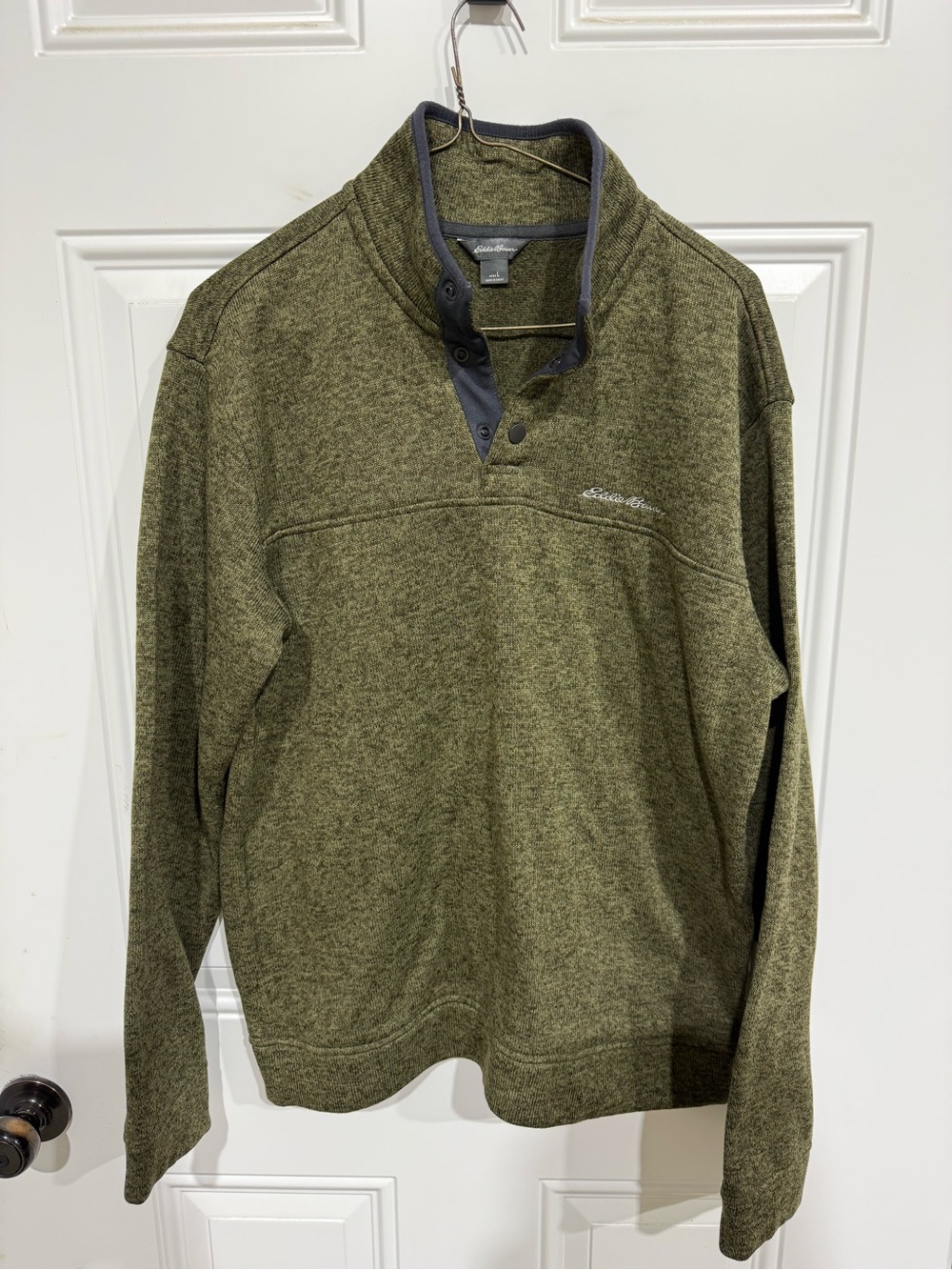 Eddie Bauer Men's Radiator Fleece Snap-Front Pullover, olive green shade. Size L